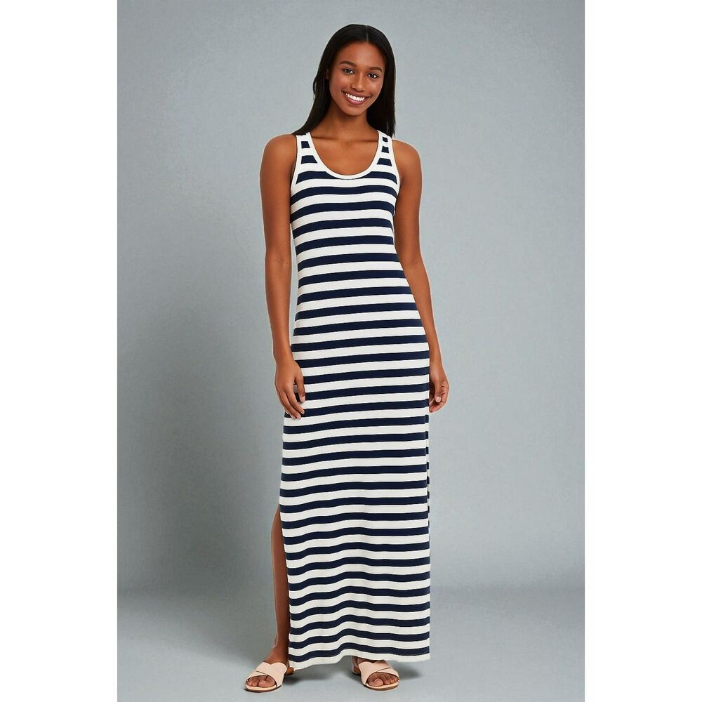 Vineyard Vines Navy Cream Striped Maxi Tank Dress S Sankaty Jersey Knit Slit